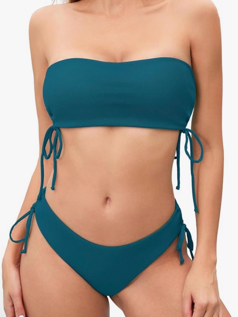 Drawstring Side Tie Ribbed Bikini Set 2 PCS strapless Top & Triangle Bottom